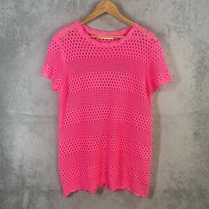 Boho Crochet Knit Top Neon Pink Open Knit Womens Large Y2k Fairy Beach Festival